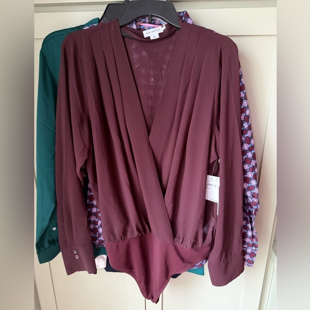 NWT Good American Deep Burgundy Semi Sheer Wrap Bodysuit Blouse SZ XL